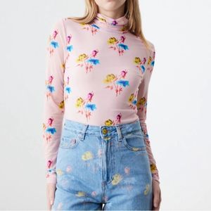 Ganni Printed Mesh Long Sleeve Fitted Rollneck, Light Lilac, US 4/EU 36 NWT